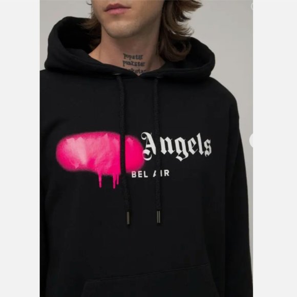Palm Angels Unisex Pink Bel-Air Sprayed Logo Hoodie in Black sz M - Picture 3 of 9